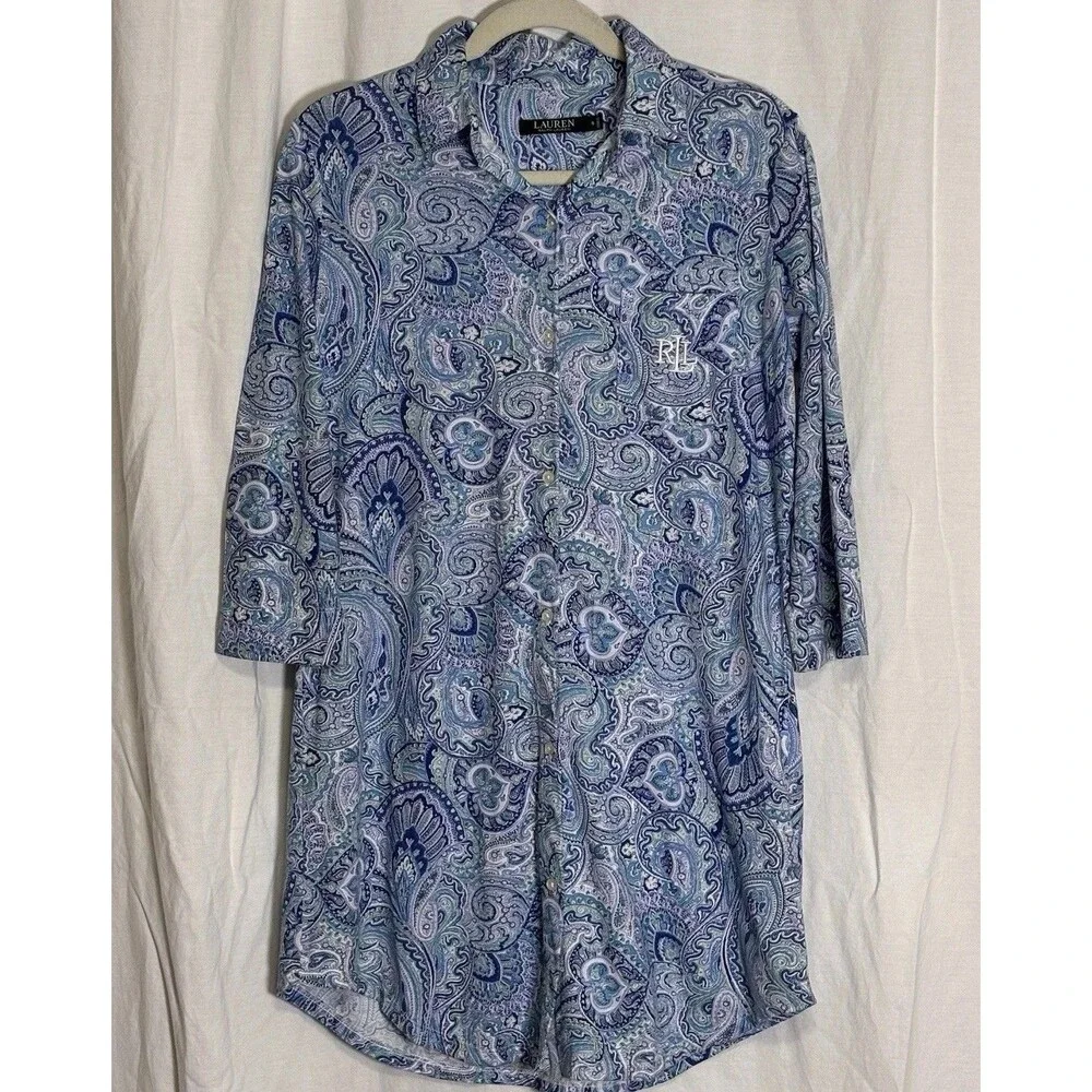Lauren Ralph Lauren Sleepshirt Womens S Blue Knit Embroidered Button Sleepwear